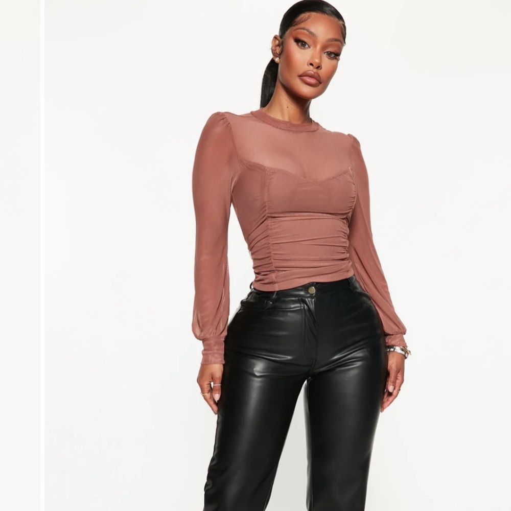 Fashion Nova Mauve Mesh Ruched Long Sleeve Top - Size XL